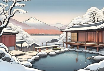 Tranquil Snowy Japanese Onsen Retreat by Lake