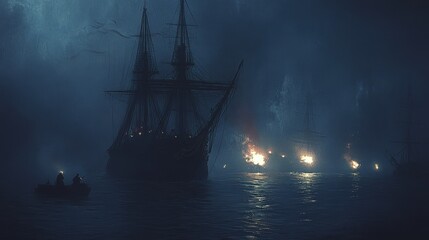 Fototapeta premium A large ship and two smaller ships in a dark