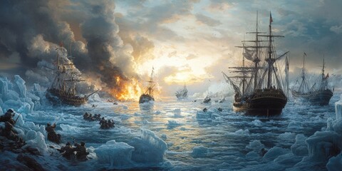 Obraz premium Ships sailing through icy waters with a burning ship in