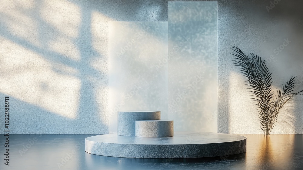 Aufkleber Abstract natural field scene featuring a podium for product display set against a frosted glass backdrop 3D rendering