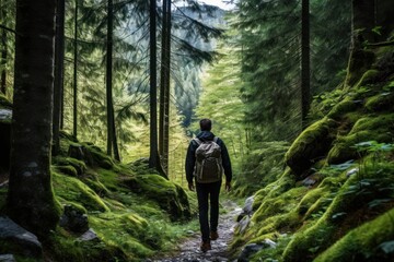 Tourist walking in the mountain forest trail backpacking adventure outdoors.