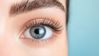 Fototapeta premium Blue eye macro photography, high-resolution focus on iris details, delicate lashes, soft skin tones, minimal background emphasizing eye color