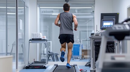An image shows a guy athlete in a medical laboratory, jogging on a treadmill as part of an exercise test.