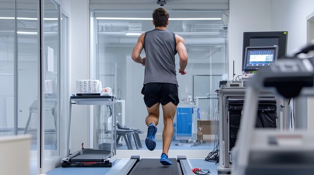 An image shows a guy athlete in a medical laboratory, jogging on a treadmill as part of an exercise test.