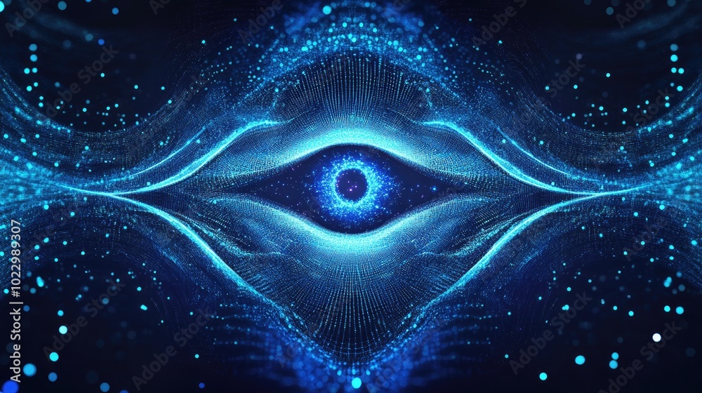 Poster abstract illustration featuring symmetrical blue glowing lines and particle glitter designed in the 
