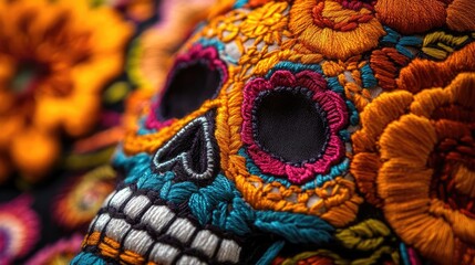 Naklejka premium Vibrant embroidered skull adorned with colorful floral patterns, capturing the essence of traditional Day of the Dead celebrations.