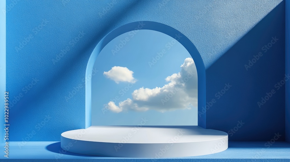 Aufkleber 3D render of an abstract blue background featuring a window with a blue sky set against a blue wall and an empty podium Blank showcase mockup with an unoccupied round stage