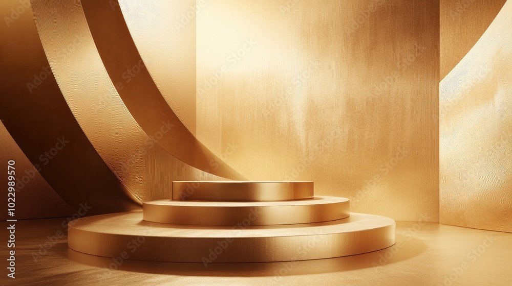 Aufkleber 3D render of a gold background featuring geometric shapes an empty pedestal arranged on three levels and a circular wall design with a gradient from small to large creating a platform composition