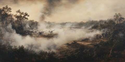 Fototapeta premium Soldiers fire cannons in a smoky battlefield.