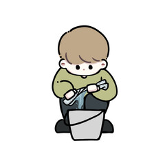 雑巾を絞っている男の子