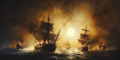 Obraz premium Ships battle at sea in a storm.
