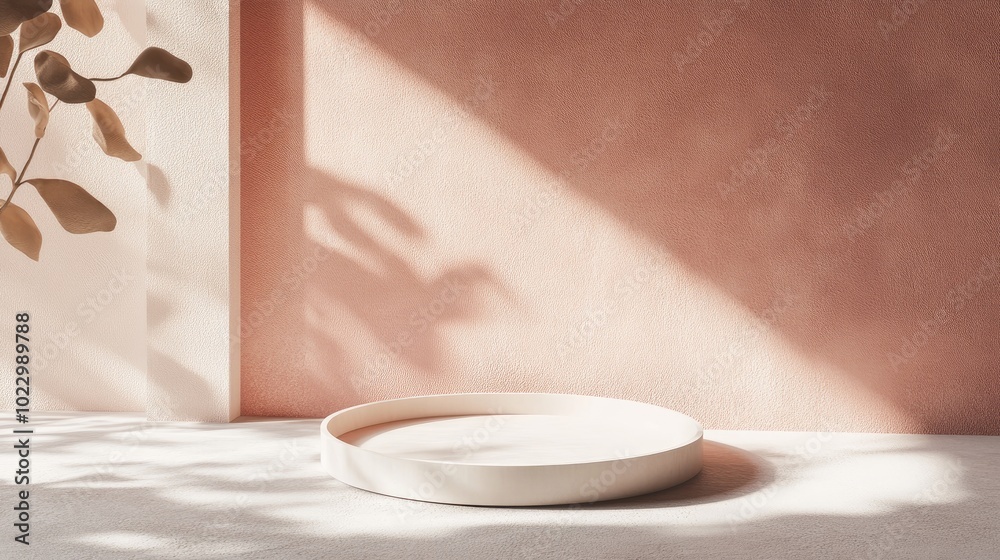 Aufkleber Angled perspective of a minimalist product background mockup featuring natural lighting 3D pastel platform for showcasing items with dynamic sunlight casting deep shadows on a textured surface