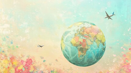 Naklejka premium A colorful illustration of Earth with airplanes, symbolizing travel and exploration.