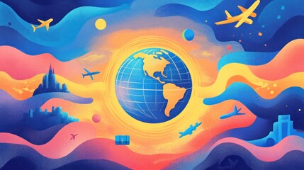 A vibrant illustration of the Earth surrounded by travel motifs and abstract elements.