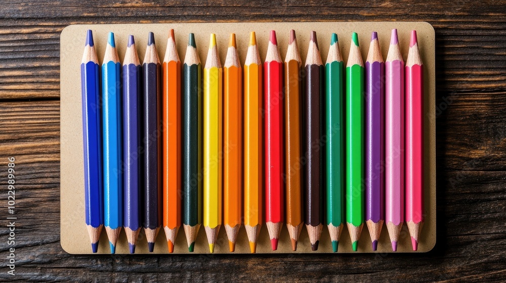 Poster colored pencils arranged on a notebook with a wooden background