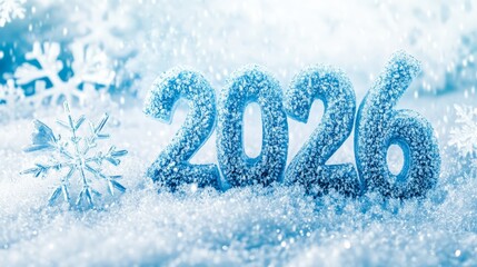 Frozen 2026: A frosty New Year's greeting featuring icy blue numerals on a bed of sparkling snow, adorned with delicate snowflakes.  A perfect winter wonderland image for your holiday designs. 