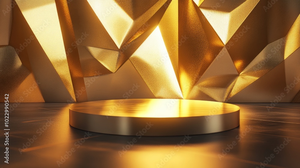 Poster 3d illustration featuring a golden background with geometric shapes illuminated pedestal for showcas