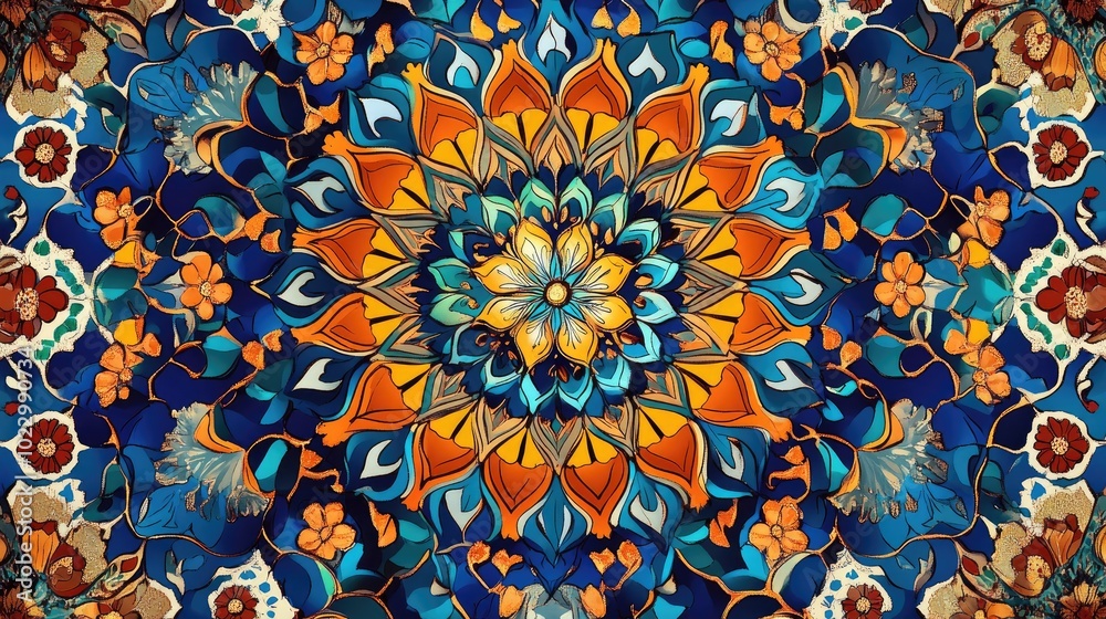 Aufkleber Abstract background featuring a colorful mandala in floral design Raster illustration suitable for textile and carpet ornament patterns resembling Persian relief and stained glass in an Oriental s