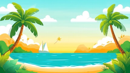 Obraz premium A serene beach scene with palm trees, a sailboat, and a colorful sunset.
