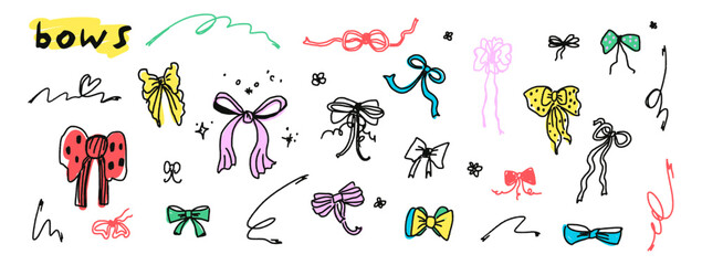 Big set clip arts of bows elements for your design celebration greetings and invitations cards. Hand drawn doodle illustration. Childish naive vector art
