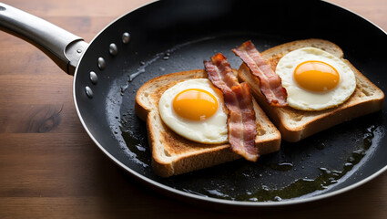 Fried Eggs and Bacon Served on Toast