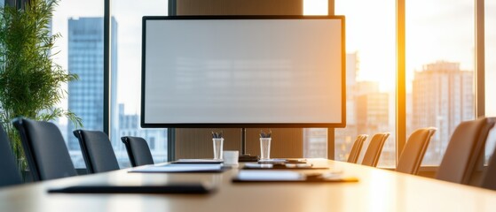 A modern conference room bathed in natural light, featuring a sleek table set with notebooks and glasses, and a large blank screen ready for presentations.