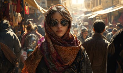 Obraz premium Woman in sunglasses and headscarf walks through market.