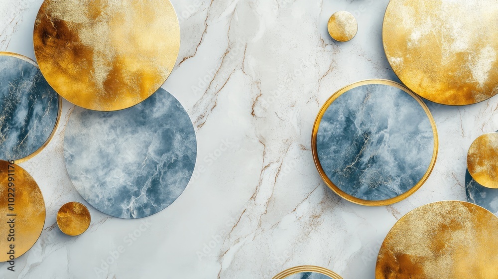 Aufkleber Artistic 3D geometric pattern background featuring golden lines and circles on a light marble texture ideal for modern minimalist mural wallpaper and interior decor