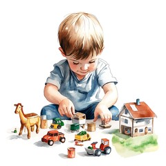 Little Boy Playing With Toy Cars, Truck, House and Farm Animal.