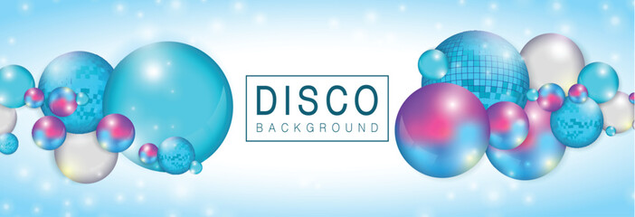 3D abstract background with holographic blue spheres and disco ball spheres. Disco ball background. Disco party poster. Vector illustration