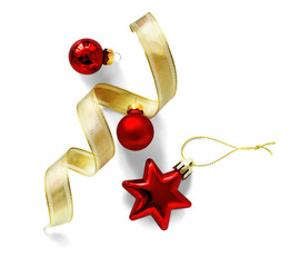 Christmas composition with Isolated Christmas gold ribbon and red christmas tree ball on transparent background. Flat lay, top view