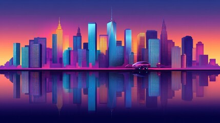 Fototapeta premium A vibrant city skyline at dusk, reflecting colorful lights on water.