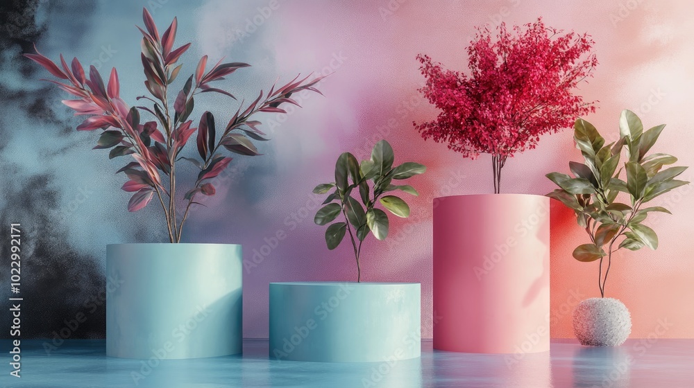 Poster 3d display scene featuring pastel podiums for product presentation