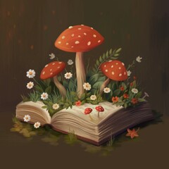Fly agarics and plants growing from an open book autumn vibe