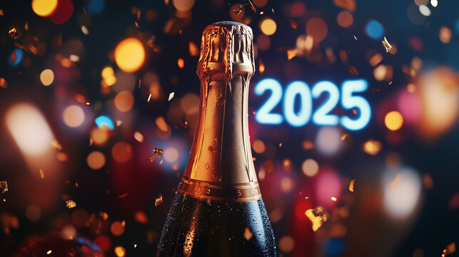 A champagne bottle against a bokeh background, surrounded by colorful confetti, capturing the essence of celebration and festivity