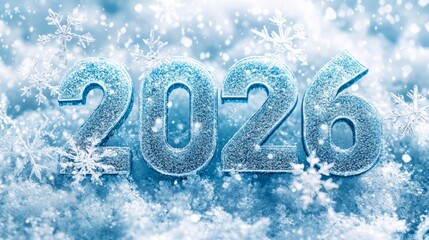 2026 year in icy blue letters, with snowflakes falling around, representing a winter wonderland 