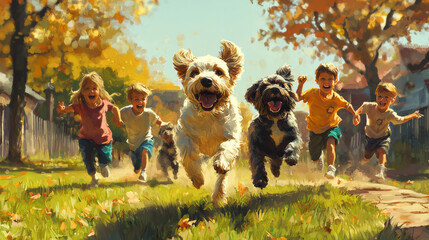 Obraz premium A joyful scene of dogs playing with children, running together across sunny field filled with autumn leaves. laughter and excitement create vibrant atmosphere of fun and friendship