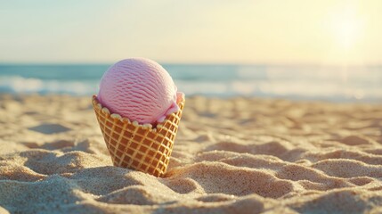 Obraz premium Waffle cone with pastel-colored ice cream resting on warm sand, golden sunlight reflecting off the ocean, vacation vibe, relaxing beach scenery