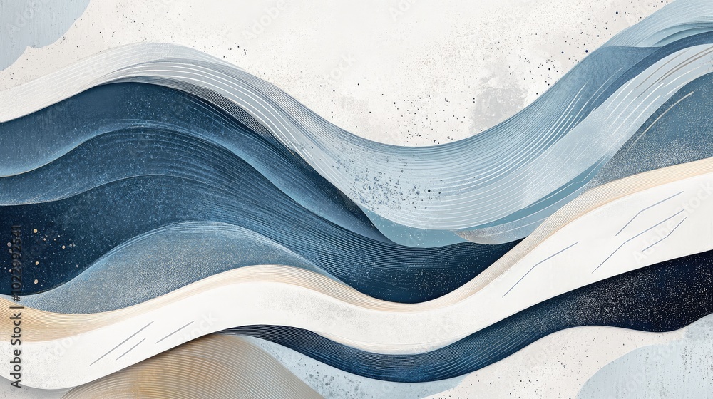 Poster abstract design featuring a background of wavy lines in white blue and gray with a metallic geometri