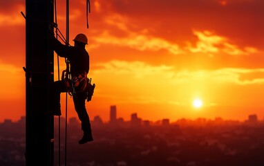 Worker on a construction site at sunset, safety equipment and tools, overlooking the city, vibrant orange sky and urban progress