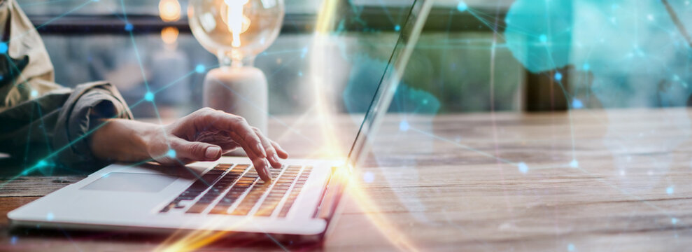 Woman working on laptop. Freelancer at remote work. Female student learning on-line via computer. Global networking