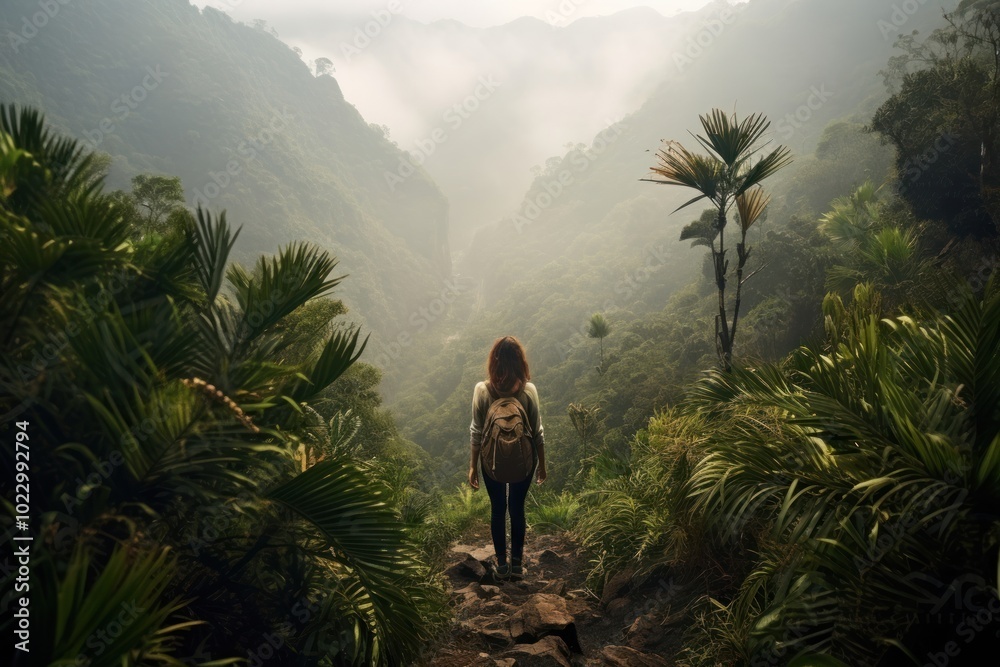 Canvas Prints Women tourist walking in the mountain top trail photography landscape adventure.