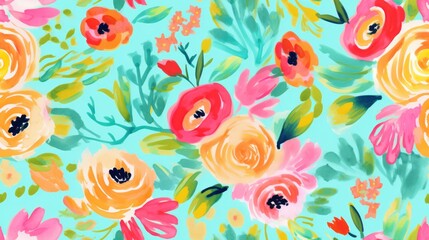 floral watercolor paint brushstroke red flower seamless pattern on turquoise soft green blue background botanical