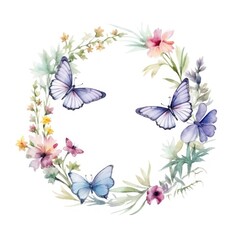 Butterflies border watercolor flower pattern wreath.