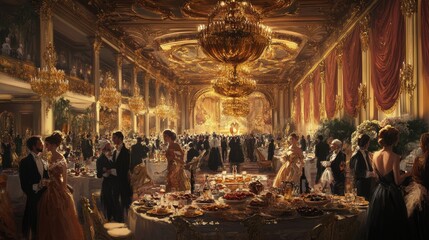 A grand ballroom with a lavish banquet.