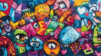 Fototapeta premium Abstract Colorful Graffiti Wall Art with Eyes and Hearts