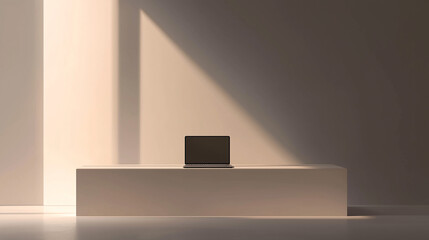 Sleek modern desk with a single laptop, framed by soft, ambient light and an empty, neutral-colored space