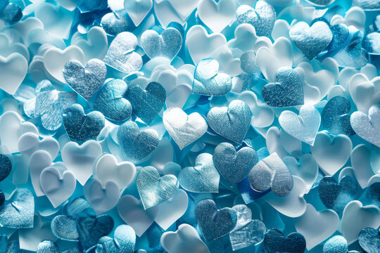 Colorful background of glittery heart shapes various colors. Valentine's Day backdrop. bright array of blue hearts on abstract background. Festive wallpaper for birthday, wedding design.