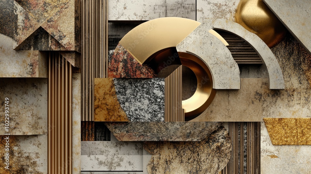 Poster Abstract composition of mixed 3D geometric shapes with various textures