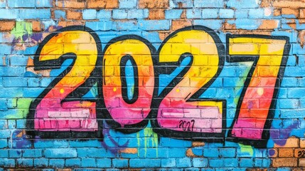 Obraz premium 2027 Graffiti: A vibrant, colorful graffiti mural of the year 2027 on a weathered brick wall, symbolizing the future, innovation, and progress. 